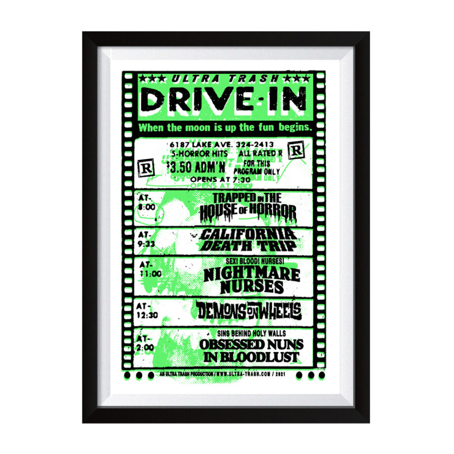 ultra trash drive in siebdruck poster neon grün